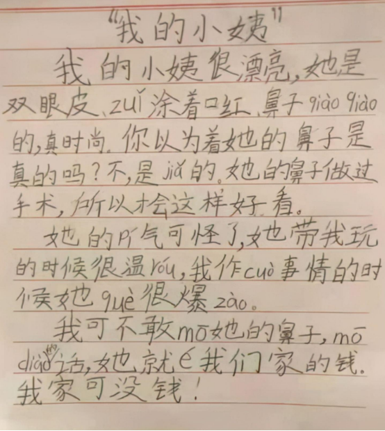 不知道小姨看了这篇作文会有什么感想,会不会把好不容易花钱做的鼻子