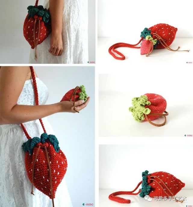 草莓束口袋的钩法,钩大一点加一根长的带子,就能背起来做包包了.