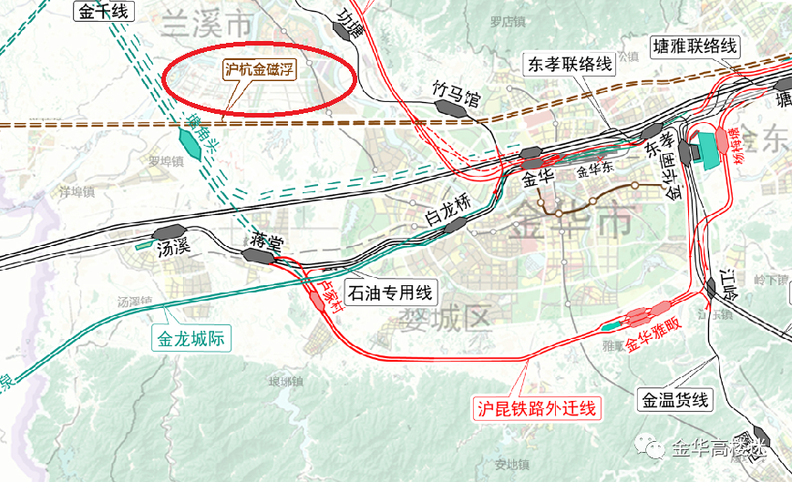 衢州市铁路网总图中:涉及金华的有台金衢上铁路,另外,金华的铁路规划