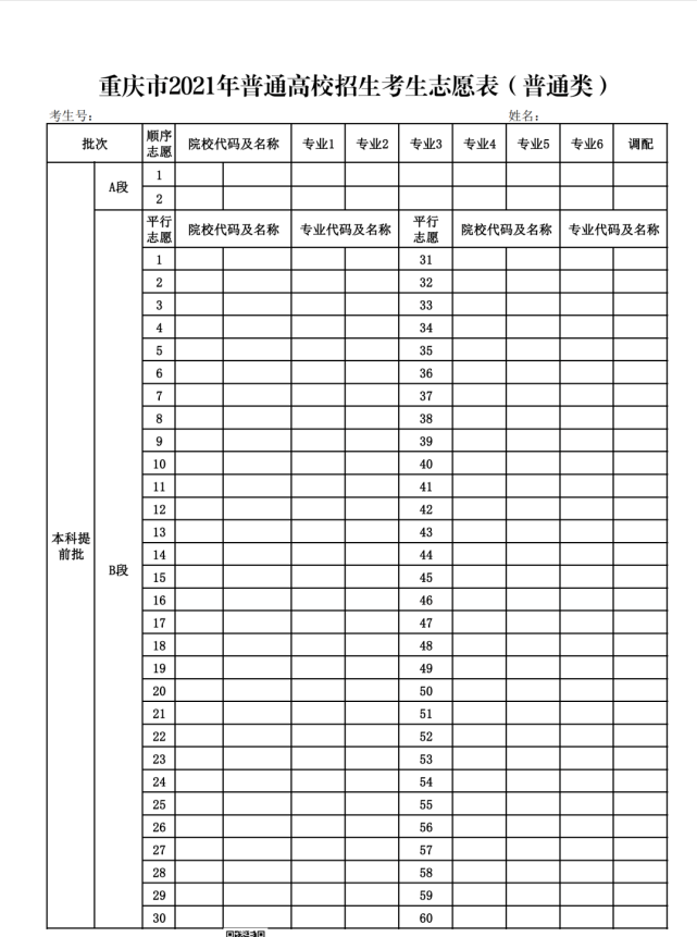 重庆2021年新高考志愿表(模拟填报用)