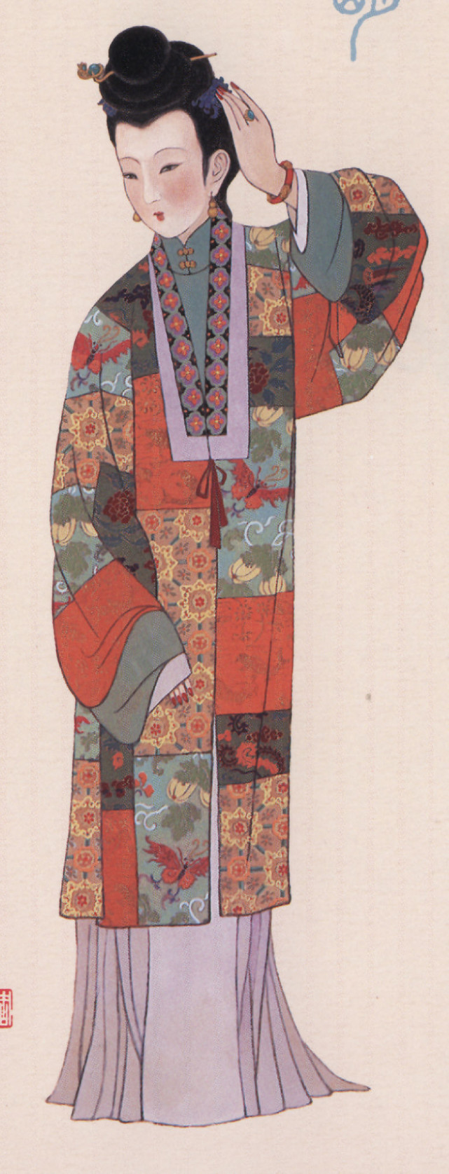 【图7,江南水田衣,明代女性服饰形象】唐宋时期女裙品种很丰富,唐代有