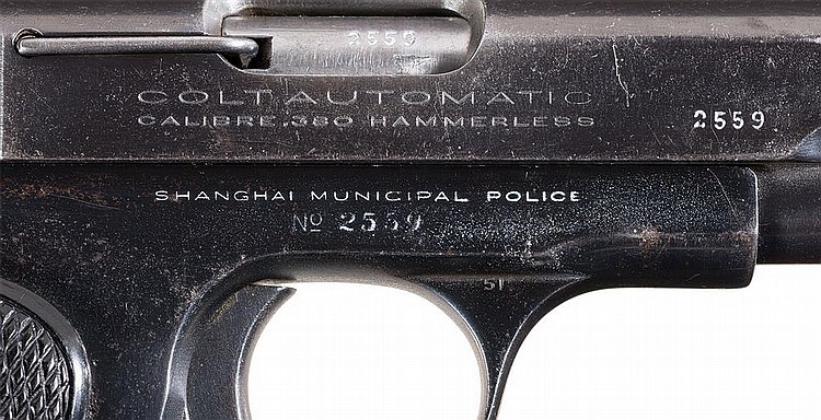 上海公共租界警察配用的柯尔特m1908型手枪枪身铭文细节,套筒下方