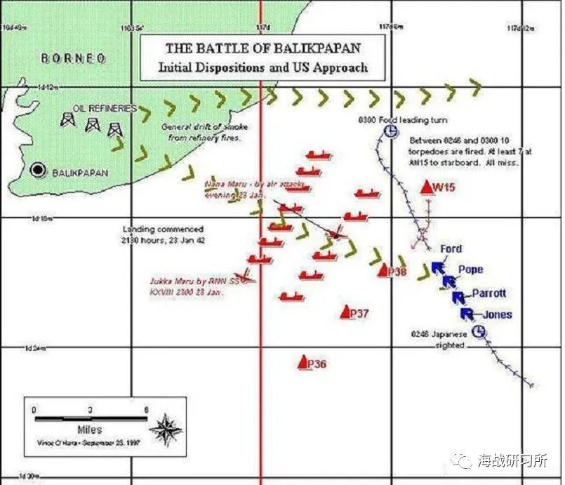 ( 1942年1月24日巴厘巴板海战的作战示意图,可见美军驱逐舰的攻击路线
