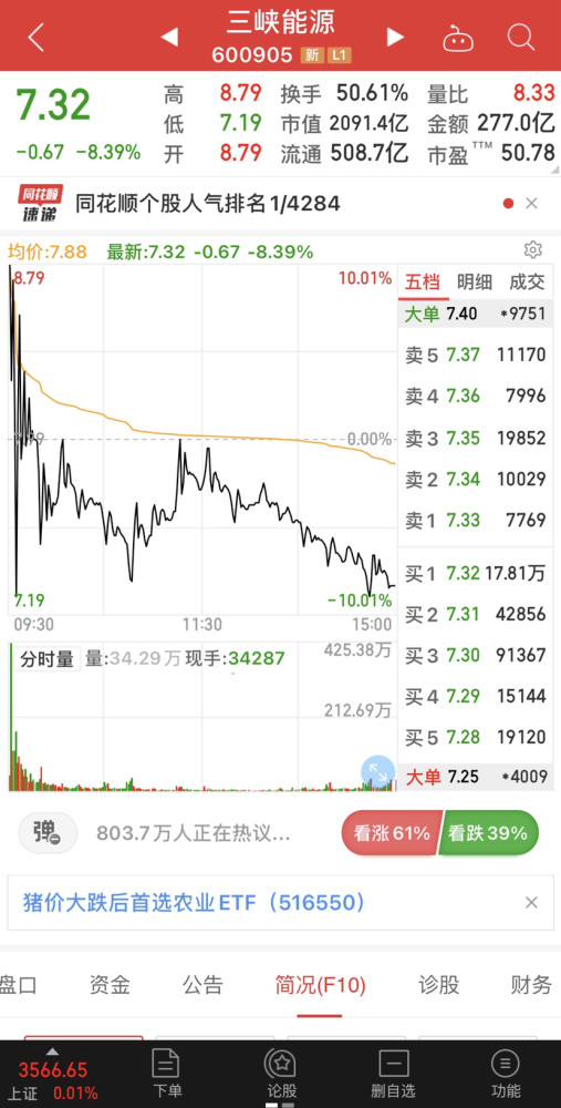 三峡能源从涨停到大跌-8.39%,昨日的霸气荡然无存