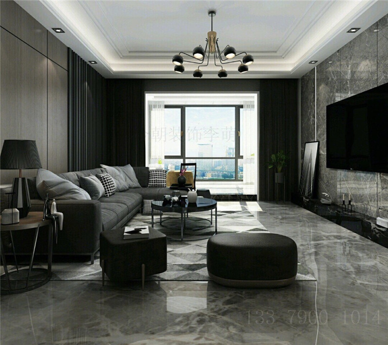 139平米现代灰色四居室,客餐厅设计有质感,大理石 木质