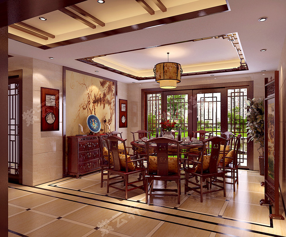 别墅客厅简约中式装修效果图,客厅布置幽致而文雅,华贵的红木家具是