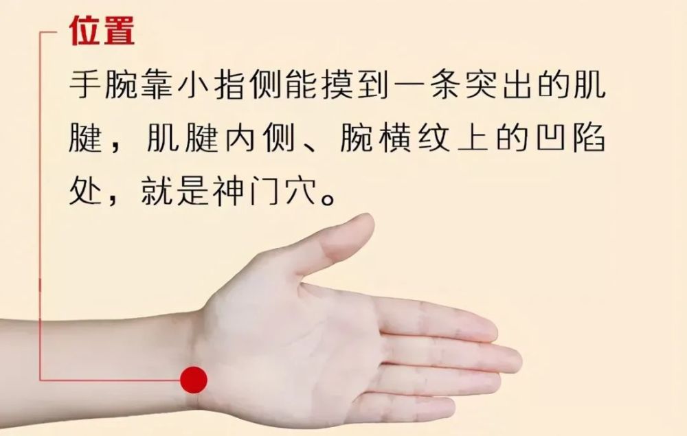 位置:神门穴在手腕靠小指侧能摸到一条突出的肌腱,肌腱内侧,腕横纹上