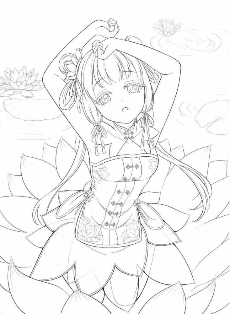 绘画技能分享|线稿分享第53期——《花与萌娘》
