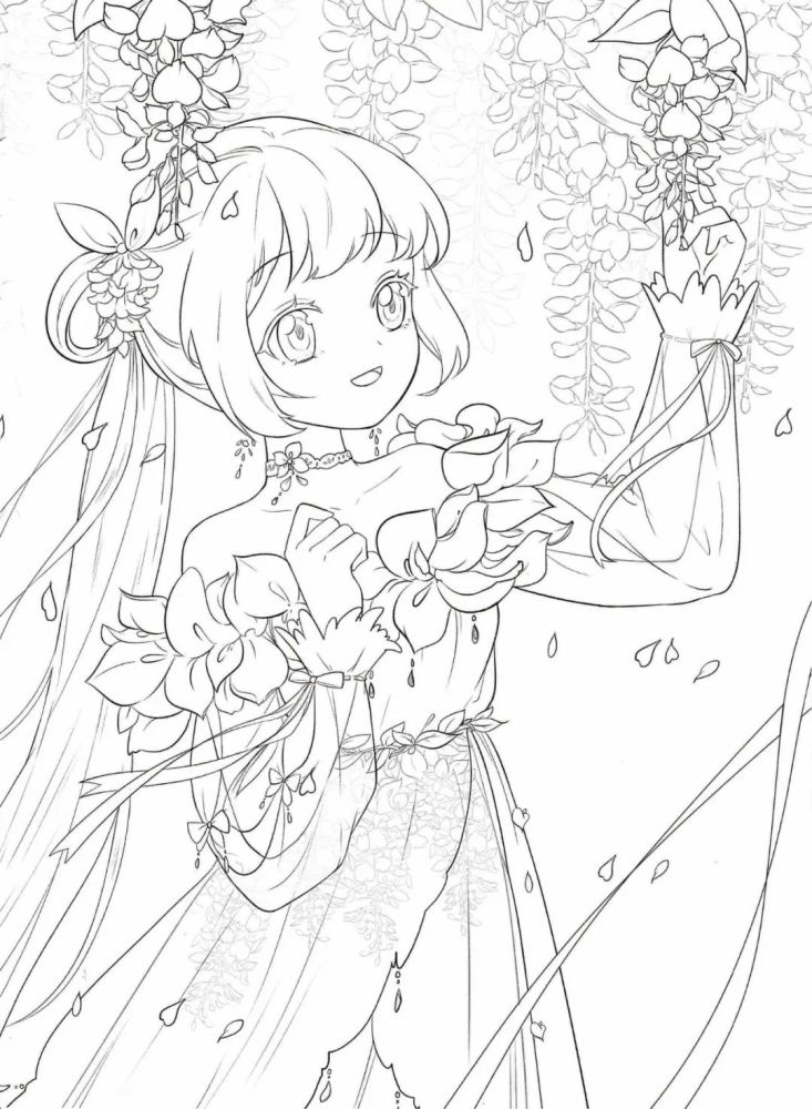 绘画技能分享|线稿分享第53期《花与萌娘》