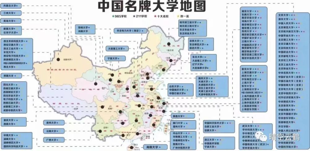 (附图说明:中国双一流大学,985大学,211大学等重点高校分布地图.