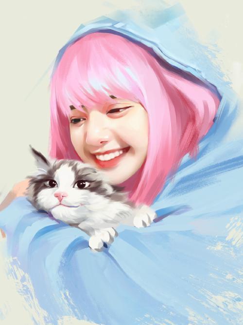 抱着猫咪的lisa插画绘制