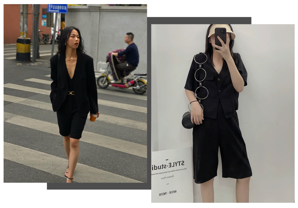 小胸的妹子可以用v领上衣搭配中性的五分裤.