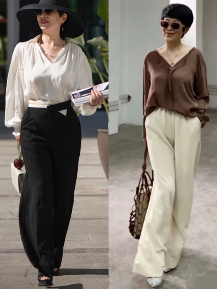 夏季穿阔腿裤时,建议50岁的女人多配这些上衣,优雅舒适还高级