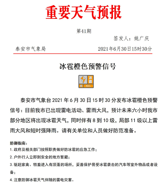 重要消息!泰安冰雹橙色和大风橙色预警信号发布!扩散!