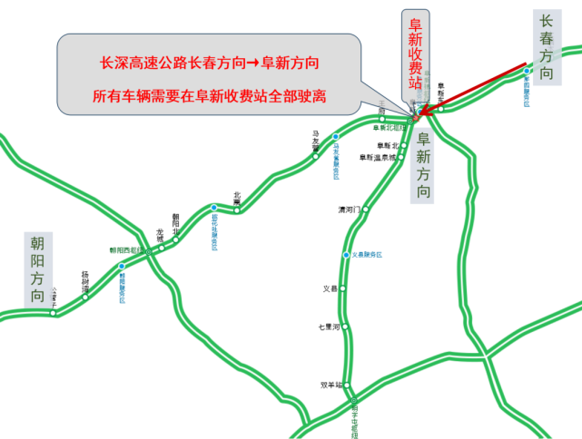 长春方向阜新方向从g25长深高速公路长春方向去往朝阳方向的车辆,需在