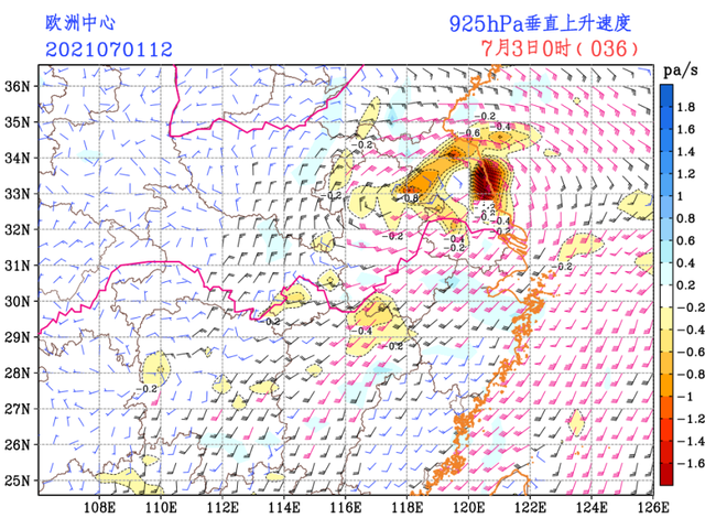 2021年7月1日欧洲中心925百帕高度36小时风场及垂直速度预报