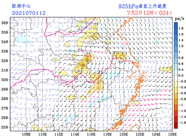 2021年7月1日欧洲中心925百帕高度24小时风场及垂直速度预报