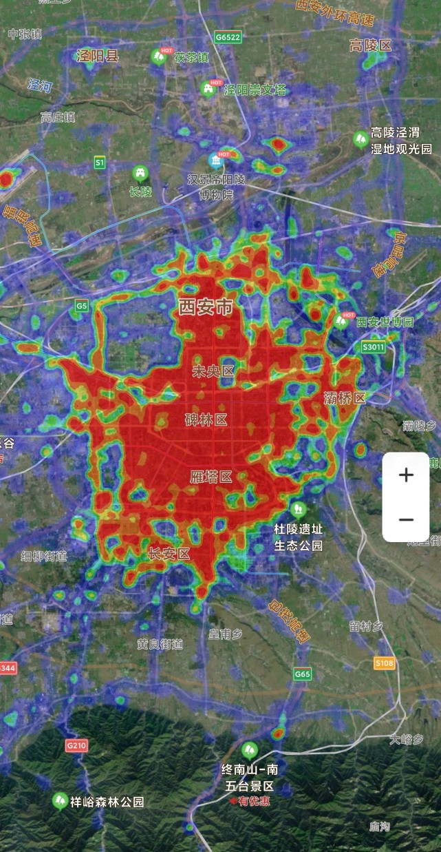 建成区面积701km05;人口密度949人/km05;热力图显示:西安的人口是