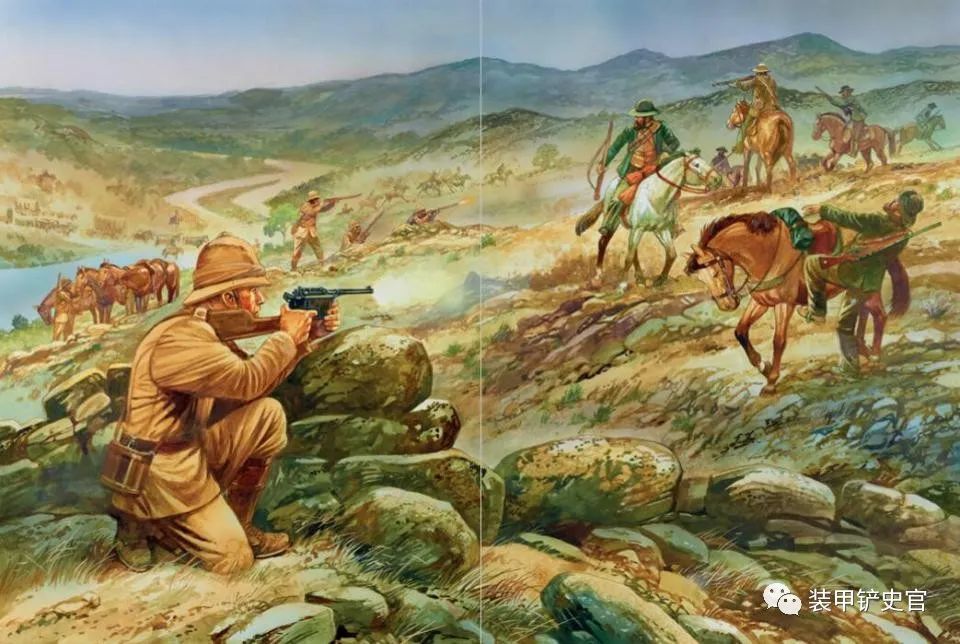布尔战争中英军军官使用安装了枪托的毛瑟c96手枪向布尔人骑兵射击.