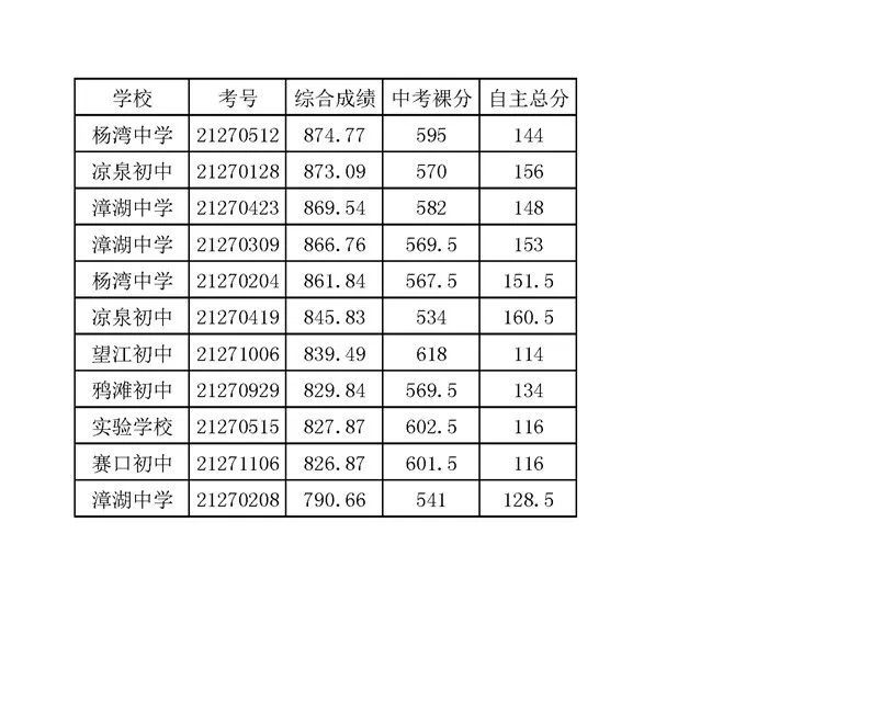 望江二中自主招生综合成绩表(创新卓越班)