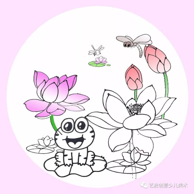 儿童画创意|荷花主题少儿美术课例分享,夏日荷花别样