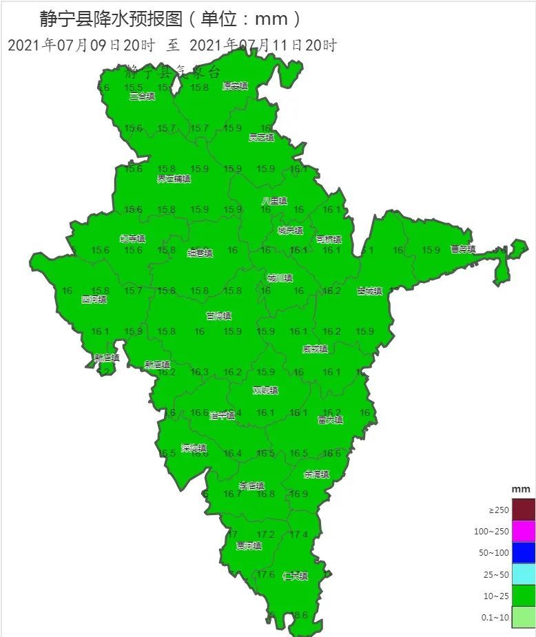 图2 :7月9日20时～11日20时静宁县各乡镇累积降水量预报图(单位:mm)