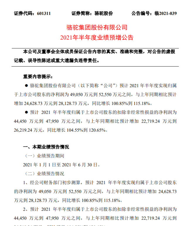 骆驼股份:上半年预盈4.91亿元至5.26亿元,同比增长100