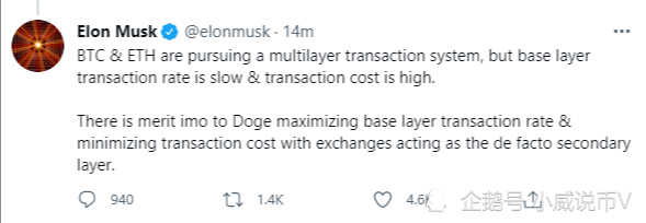 Elon Musk：比特币和以太坊进展缓慢，狗狗币有优势