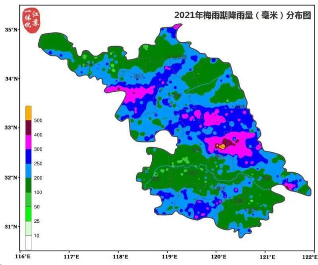 2021 年梅雨期降雨量(毫米)分布图.来源:江苏省气象台