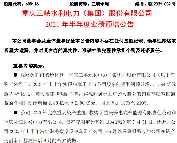 三峡水利:上半年净利润预计同比增长90-120%