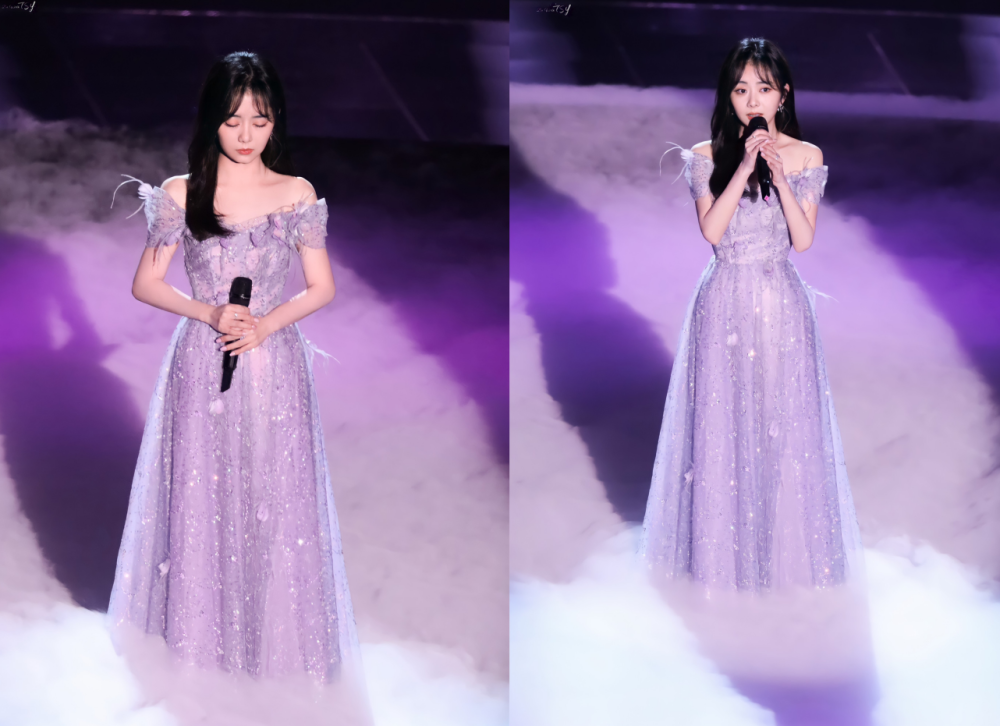 同样是紫色长裙,谭松韵绝美公主,而她是大妈进城
