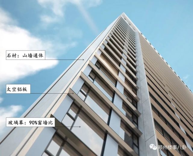 这个项目的产品正面几乎全部玻璃幕,同时搭配金色的太空铝板,山墙