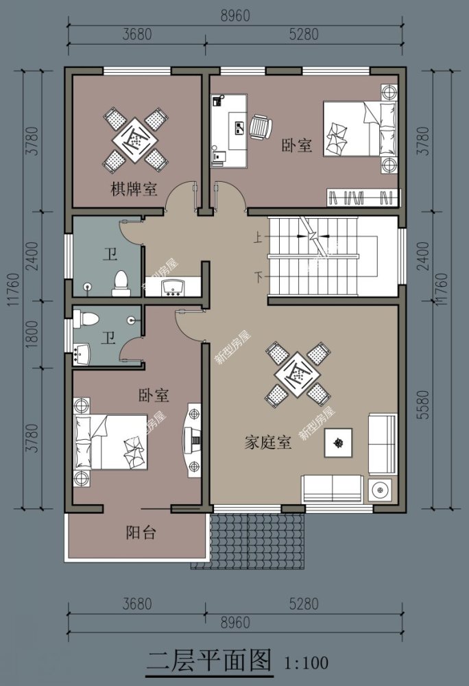 这套户型为小面宽型,住宅外观采用不对称设计,利用人字形屋顶装饰的