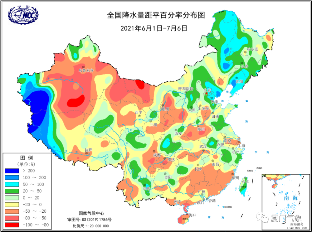 2021年6月1日至7月6日全国降水量距平百分率(%) 暴雨过程偏少,但局地