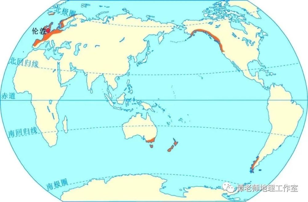 纬度位置:南北纬40°—60°的大陆的西岸.