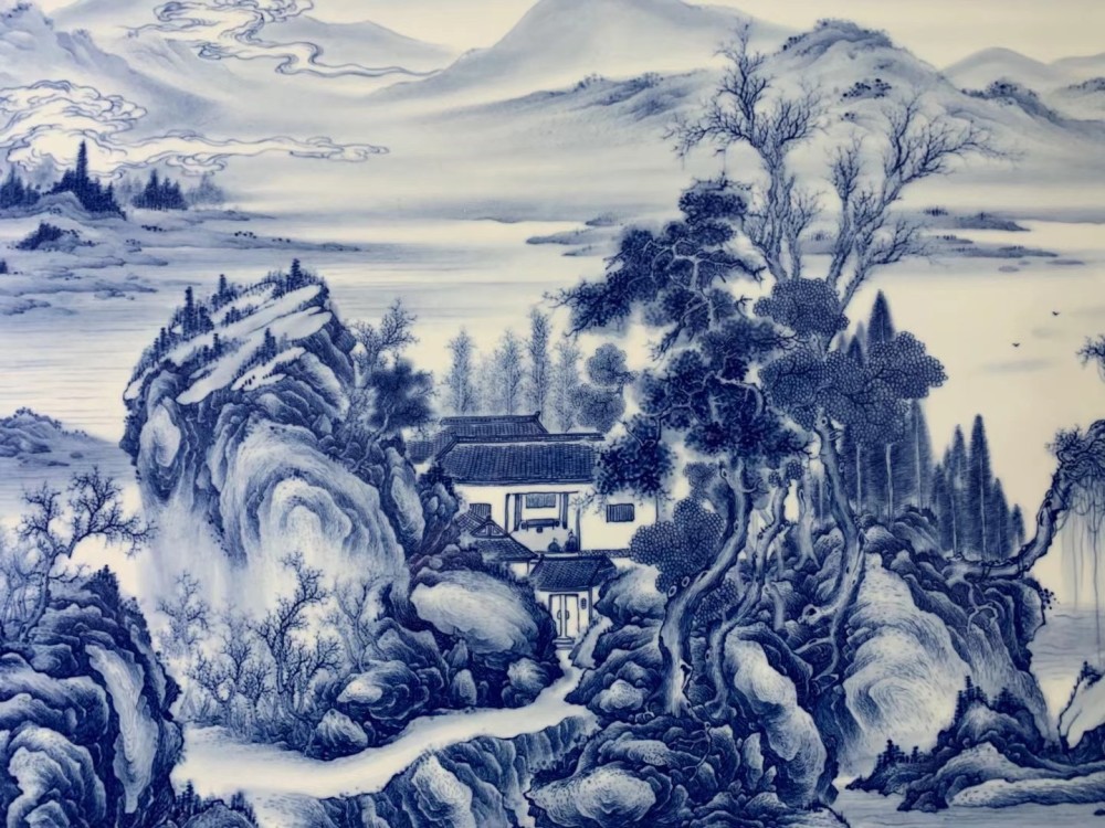 青花瓷横幅瓷板山水画松林山居图
