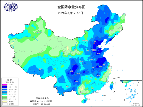 图1  2021年7月12-18日全国降水量分布图