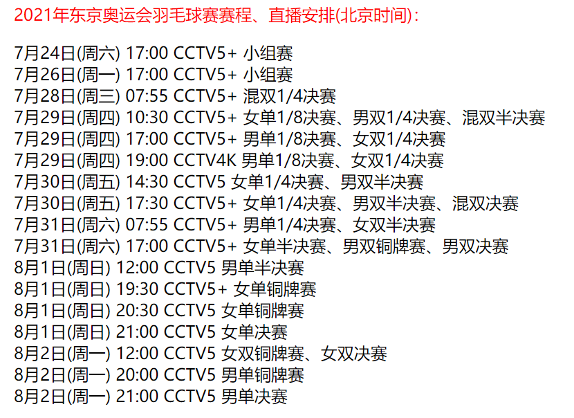 东京奥运会 cctv5羽毛球8月24/25日完全赛程/直播时间表