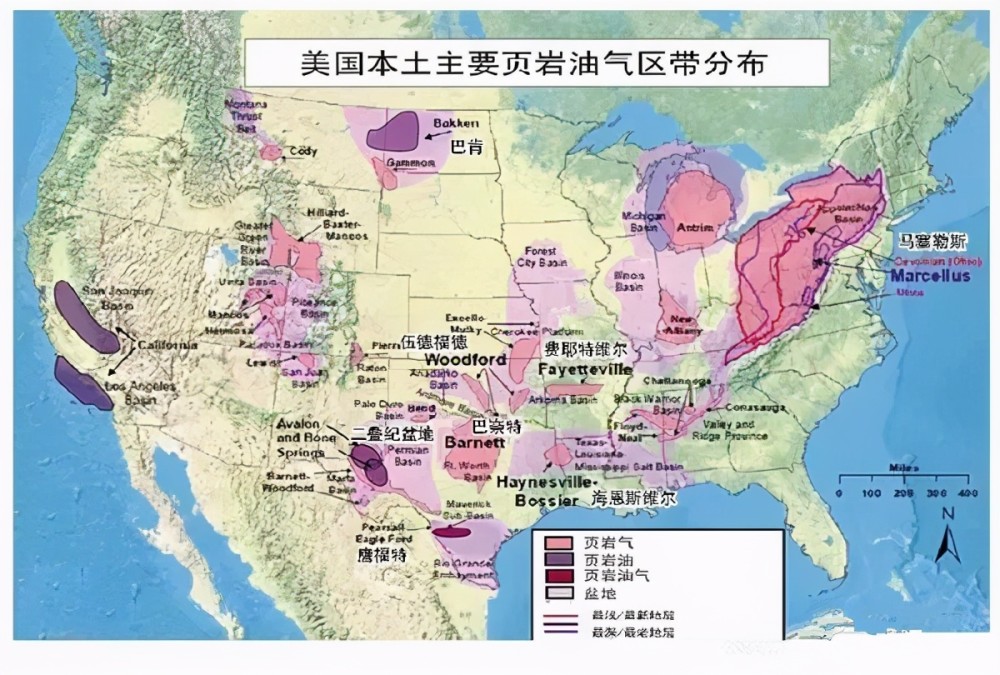 美国本土主要页岩油气区带分布图