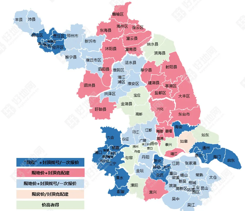 泰州,盐城,连云港,淮安盱眙,宿迁县市等地多为"限地价 竞政府保障房