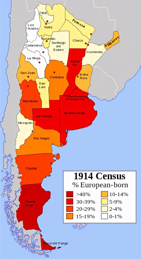 1914年阿根廷人口普查显示的阿根廷各省欧洲出身者所占比例.
