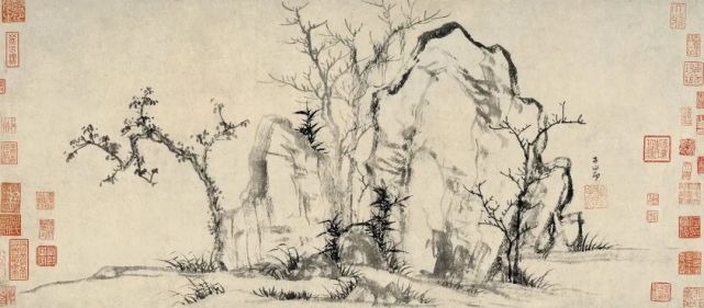 秀石疏林图 元代 赵孟頫比看台北故宫博物院的《疏林秀石图》,则是另