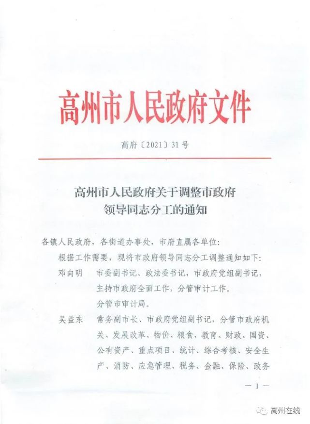 高州市人民政府关于调整市政府领导同志分工的
