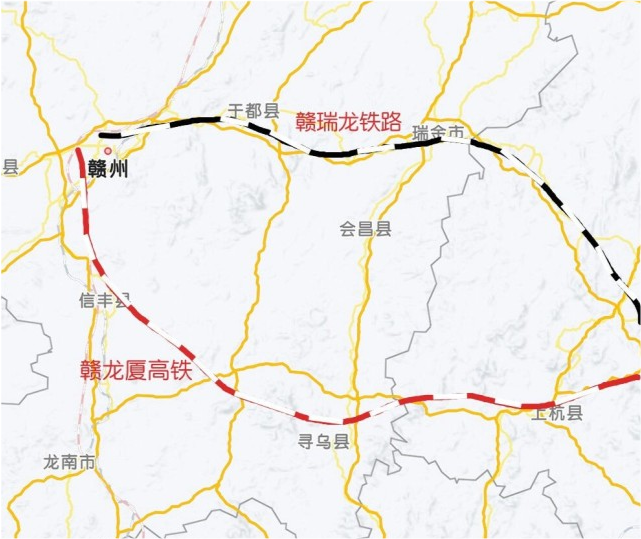 目前于都和瑞金拥有的赣瑞龙铁路设计时速为200km/h,远低于赣龙厦高铁