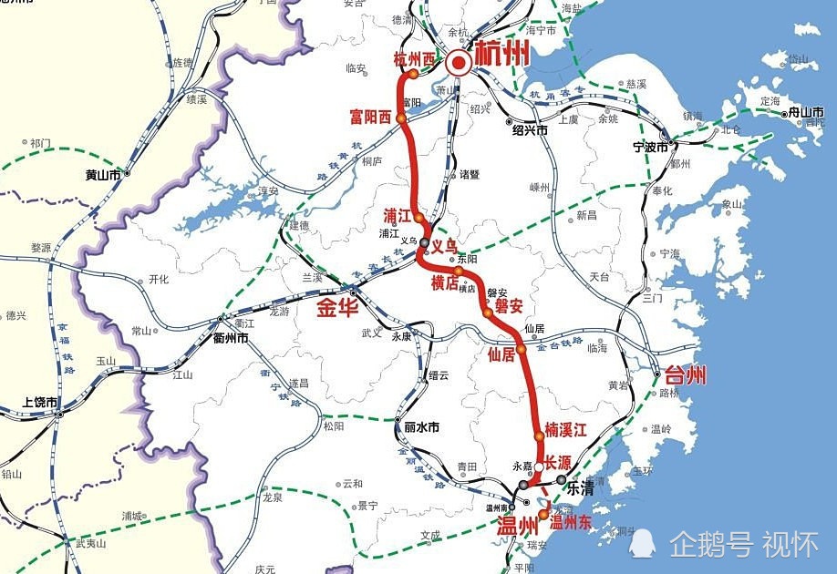 杭温高铁:该高铁设计时速350km/h,主要包括义乌至温州段的杭温铁路