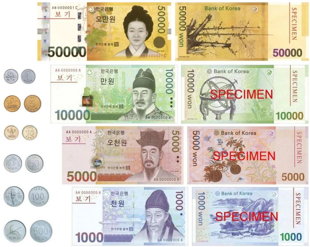 韩国纸币有1000韩元,5000韩元,10000韩元,50000韩元四种,根据纸币上面
