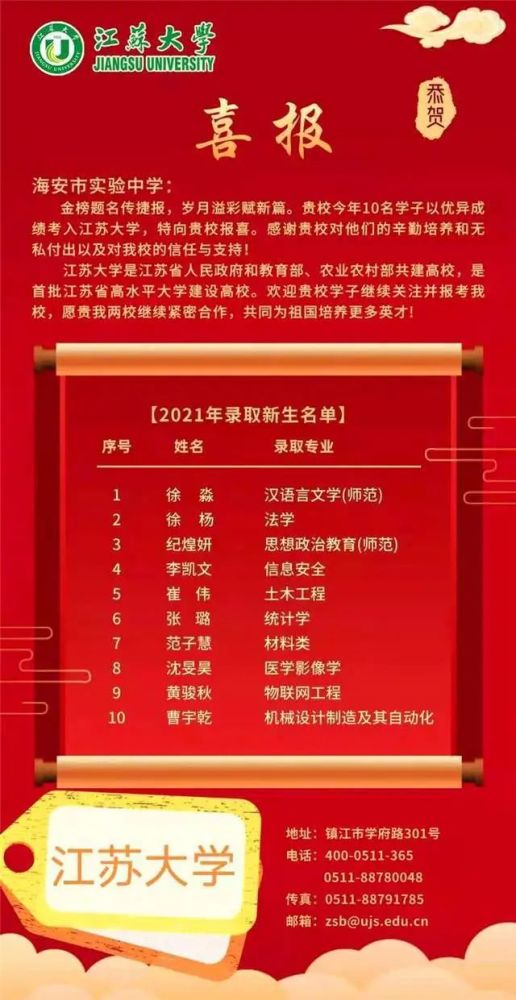 南京中医药大学,江苏大学给江苏省海安实验中学发来喜报!