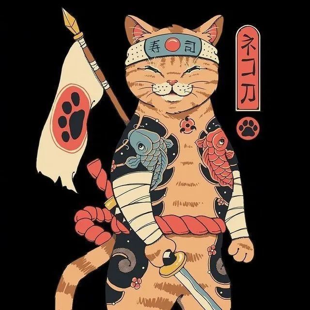 日式复古风插画日本武士猫复古怀旧招贴手绘