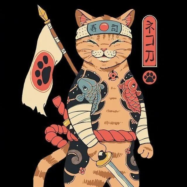 日式复古风插画|日本武士猫,复古怀旧招贴手绘