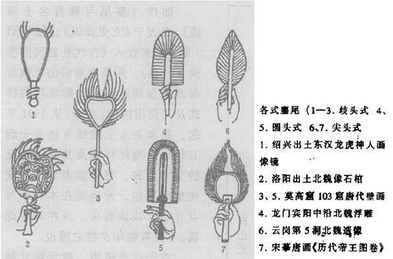 汉代的麈尾只有数根条缕形若笤帚;魏晋南北朝的麈尾多数呈尖桃形状